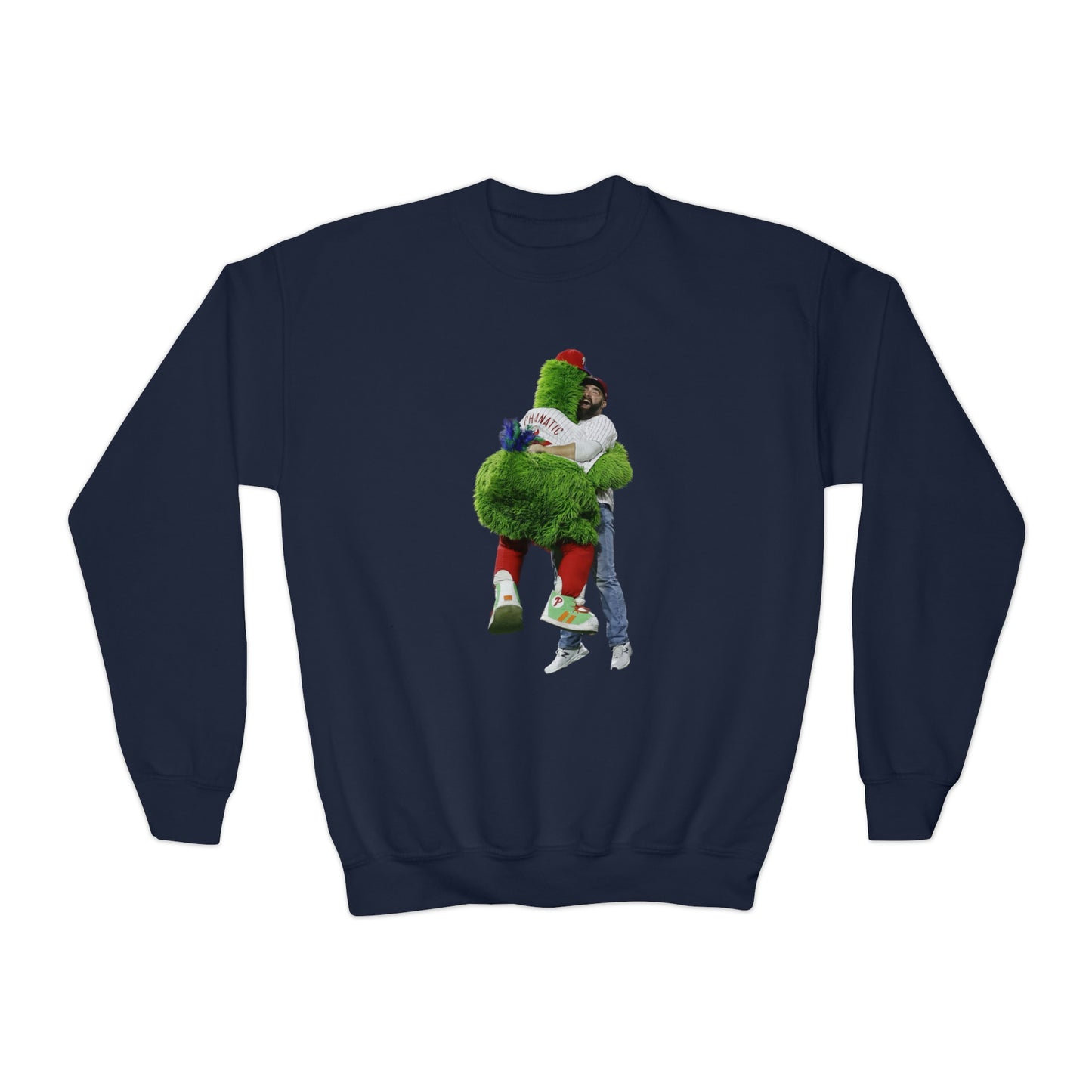 Jason Kelce Hugging the Phanatic! Phanatic Kelce Hug Youth Crewneck Sweatshirt