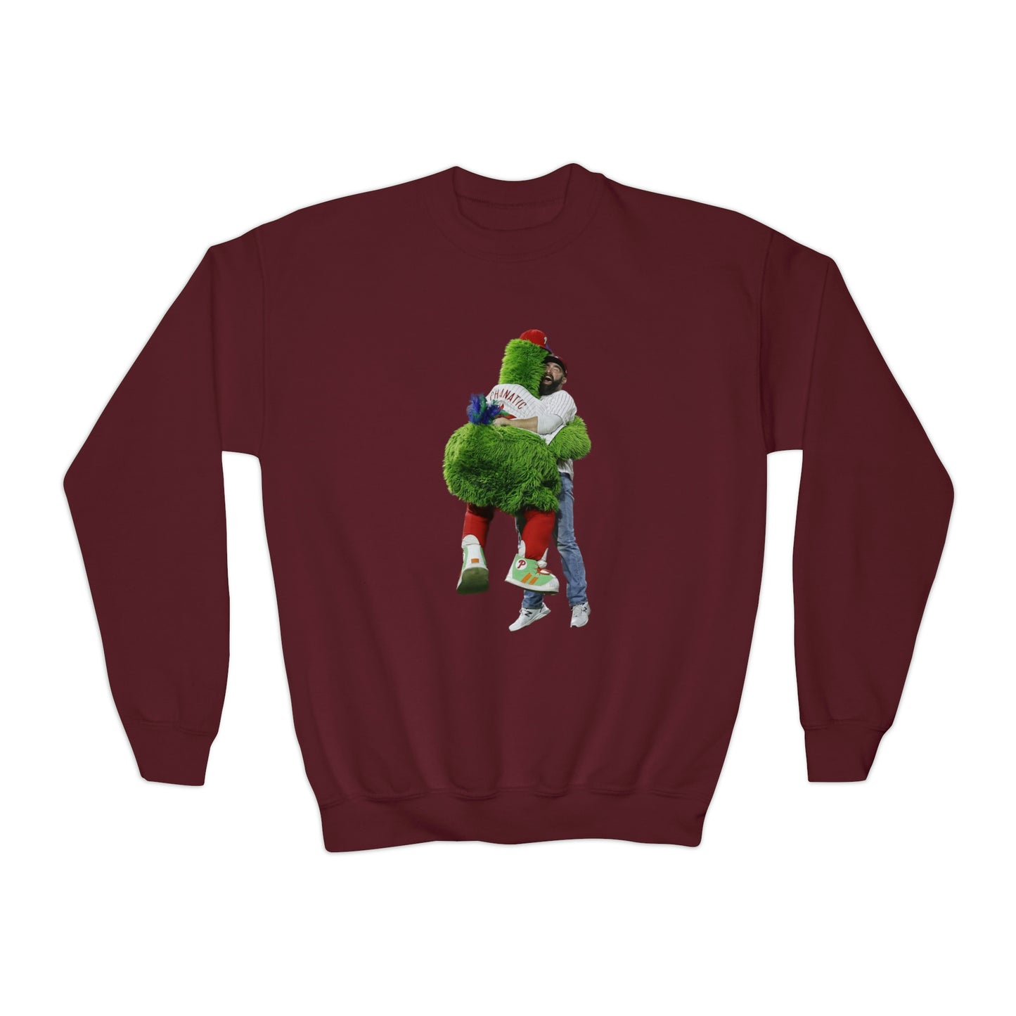 Jason Kelce Hugging the Phanatic! Phanatic Kelce Hug Youth Crewneck Sweatshirt