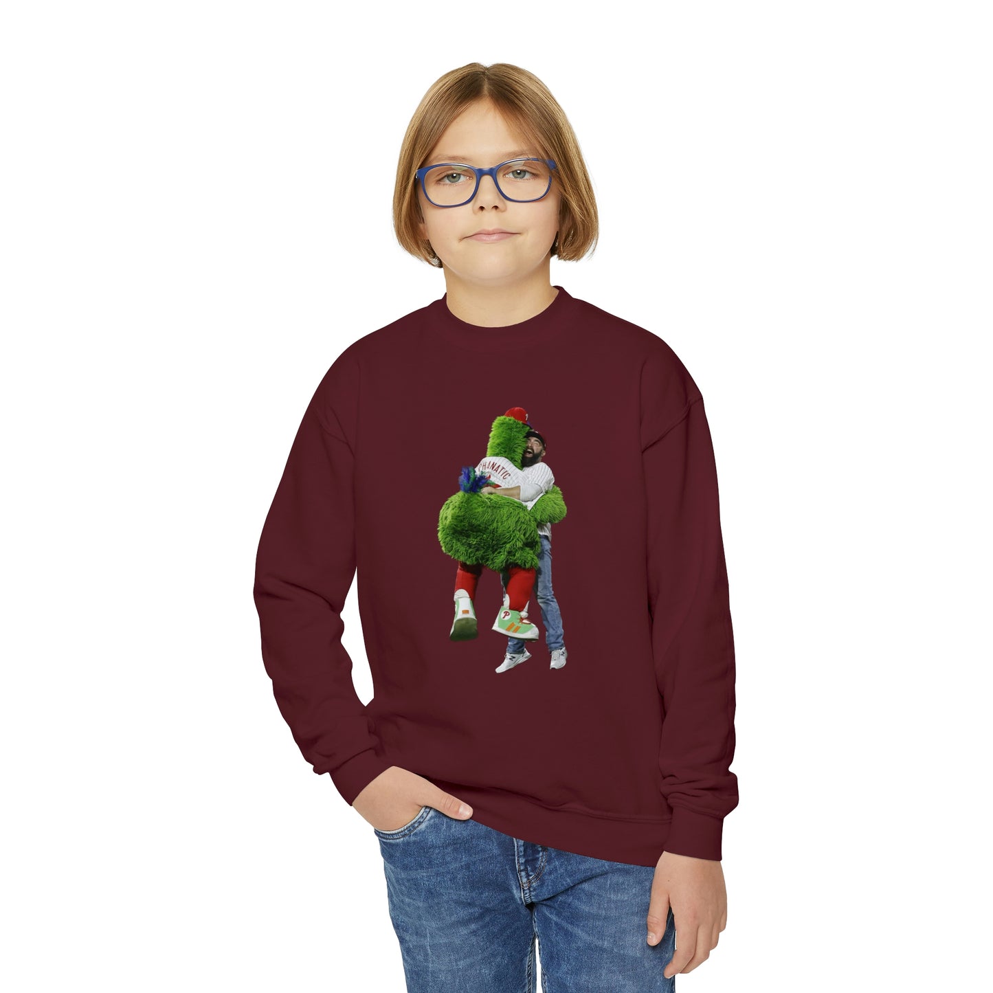 Jason Kelce Hugging the Phanatic! Phanatic Kelce Hug Youth Crewneck Sweatshirt