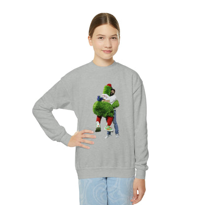 Jason Kelce Hugging the Phanatic! Phanatic Kelce Hug Youth Crewneck Sweatshirt